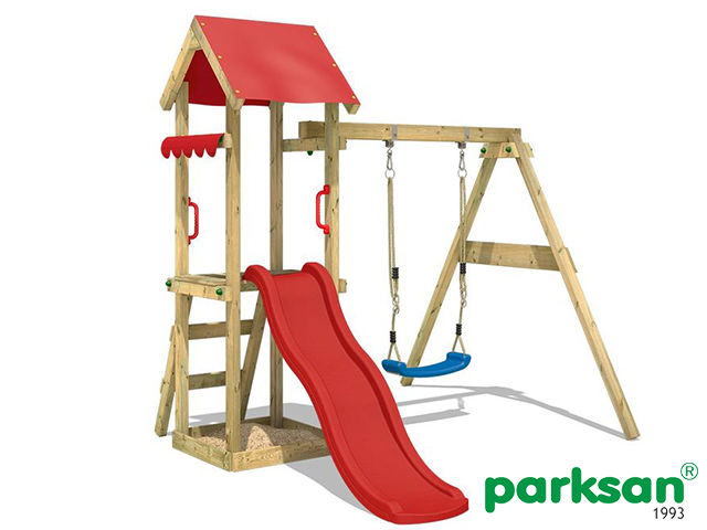 30680 - Ahşap Çatılı Kaydıraklı Salıncaklı Set