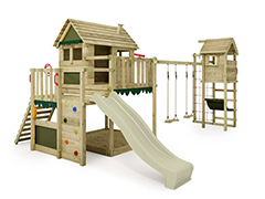 30697 - Ahşap İkili Kuleli Kaydıraklı Salıncaklı Oyun Evi