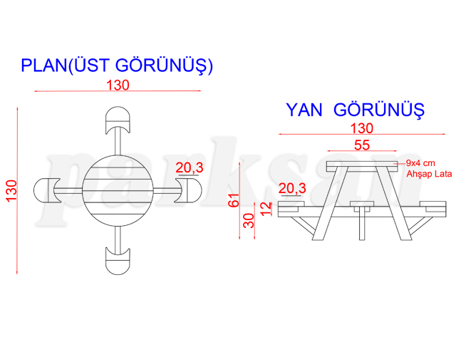 Ahşap Piknik Masaları / Piknik Masası (Çocuk Boyu) 130(L)x130(W)x61(H)-70501 Teknik Resim