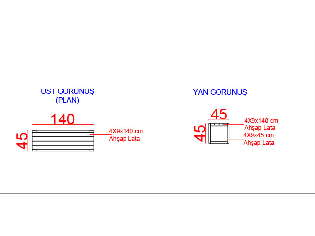 Ahşap Oturma Bankları / Ahşap Bank 140(L)x45(W)x45(H) - 70613 Teknik Resim