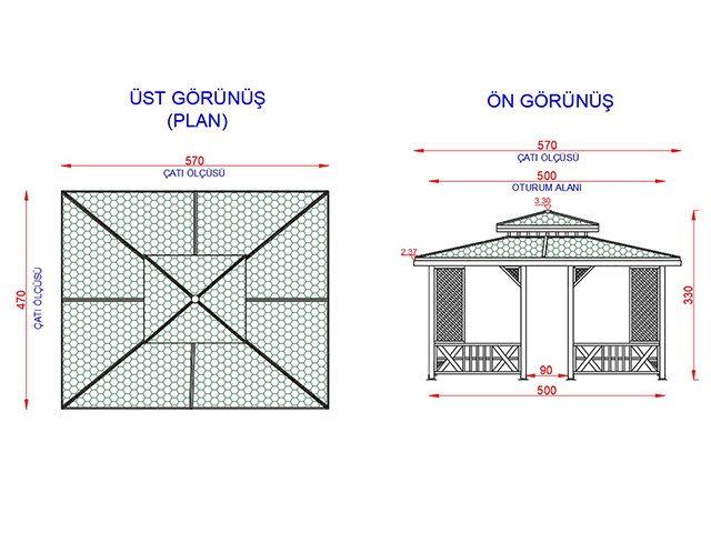 Ahşap Kamelya - Çardak ve Gazebo Modelleri  / Ahşap Kamelya Dikdörtgen 400(L)x500(W)x330(H) - 70233  Teknik Resim