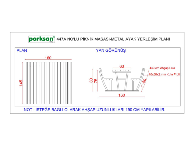 Ahşap Piknik Masaları / Piknik Masası  (Metal Ayaklı) 145(L)x180(W)x80(H)-70551 Teknik Resim