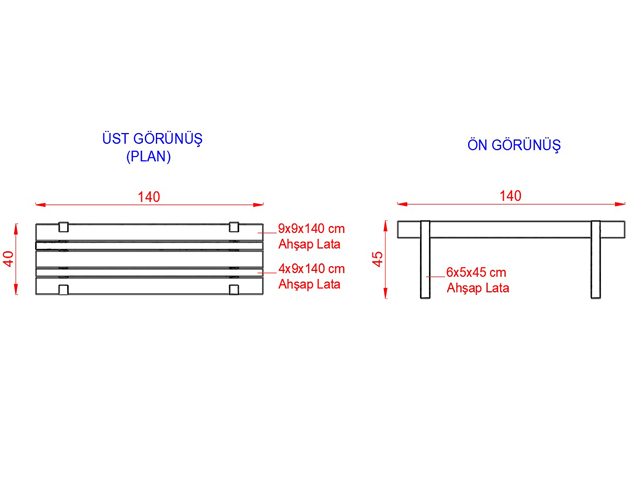 Ahşap Oturma Bankları / Ahşap Bank 140(L)x40(W)x45(H) - 70612 Teknik Resim