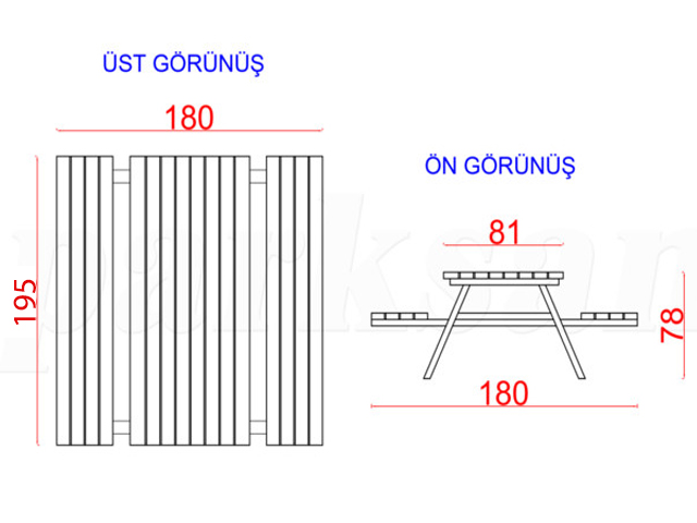Ahşap Piknik Masaları / Piknik Masası  (Metal Ayaklı) 195(L)x180(W)x75(H)-70542 Teknik Resim