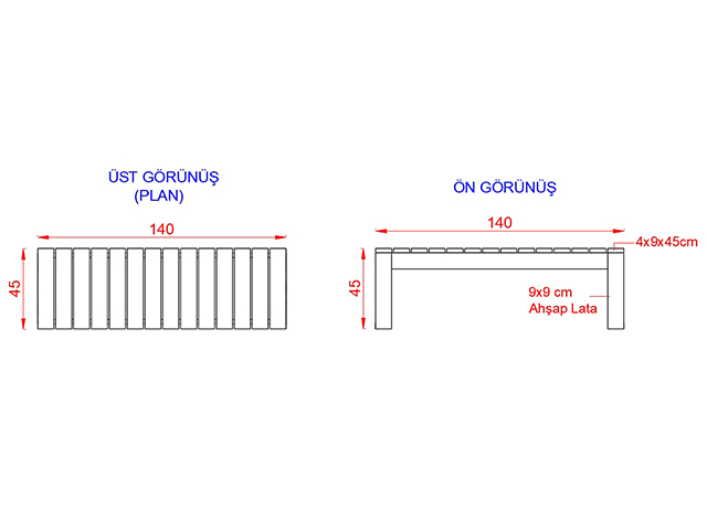 Ahşap Oturma Bankları / Ahşap Bank 140(L)x40(W)x45(H) - 70611 Teknik Resim