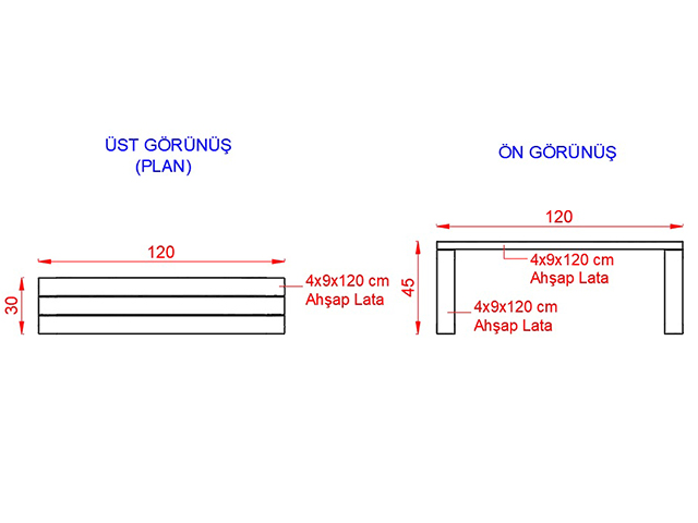 Ahşap Oturma Bankları / Ahşap Bank 120(L)x30(W)x45(H) - 70601 Teknik Resim