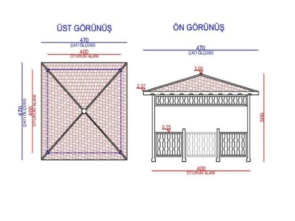 Ahşap Kamelya - Çardak ve Gazebo Modelleri  / Ahşap Kamelya Kare 400(L)x400(W)x300(H)-70133 Teknik Resim