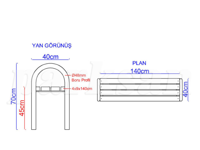 Ahşap Oturma Bankları / Metal Ayak Bank 150(L)x40(W)x45(H) - 70641 Teknik Resim