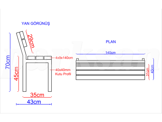 Ahşap Oturma Bankları / Metal Ayak Bank 140(L)x30(W)x70(H) - 70647 Teknik Resim