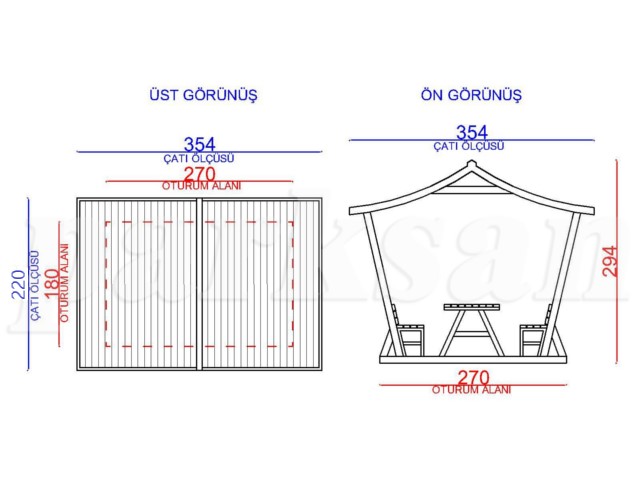 Ahşap Çatılı Piknik Masaları / Çatılı Piknik Masası (Ahşap) 270(L)x180(W)x294(H) - 70411 Teknik Resim