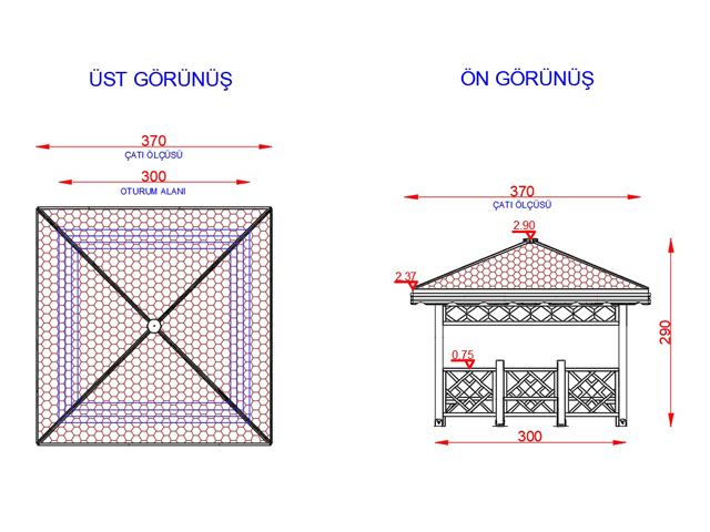 Ahşap Kamelya - Çardak ve Gazebo Modelleri  / Ahşap Kamelya Kare 300(L)x300(W)x290(H)-70129 Teknik Resim