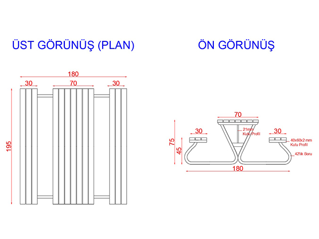 Ahşap Piknik Masaları / Piknik Masası (Metal Ayaklı) 195(L)x180(W)x75(H)-70541 Teknik Resim