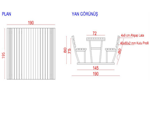 Ahşap Piknik Masaları / Piknik Masası  (Metal Ayaklı) 195(L)x190(W)x80(H)-70553 Teknik Resim
