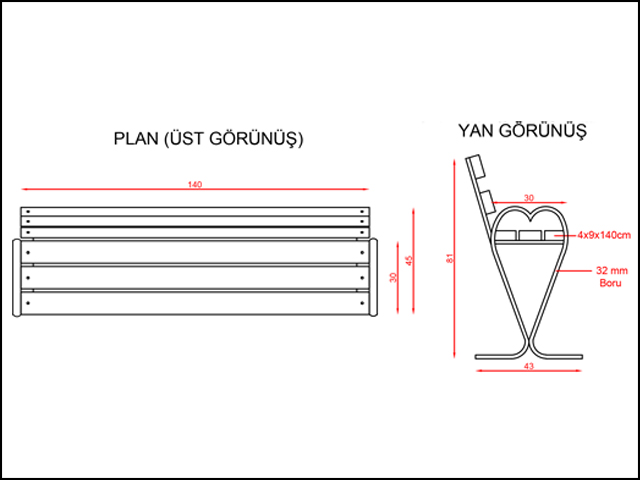 Ahşap Oturma Bankları / Metal Ayak Bank 140(L)x30(W)x80(H) - 70656 Teknik Resim