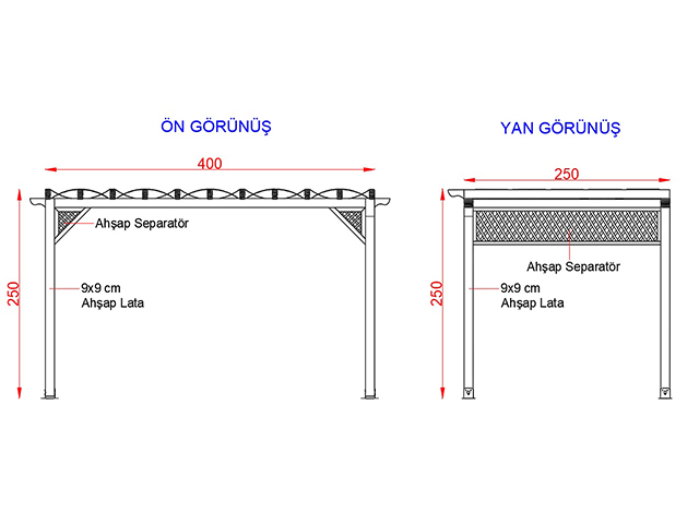 Ahşap Kapı Bahçe Giriş Takları ve Veranda Modelleri  / Ahşap Veranda 400(L)x250(W)x250(H) - 70322 Teknik Resim