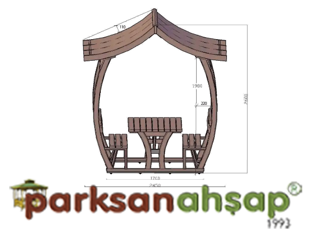 Ahşap Çatılı Piknik Masaları / Çatılı Piknik Masası (Ahşap) 250(L)x250(W)x262(H) - 70414 Teknik Resim